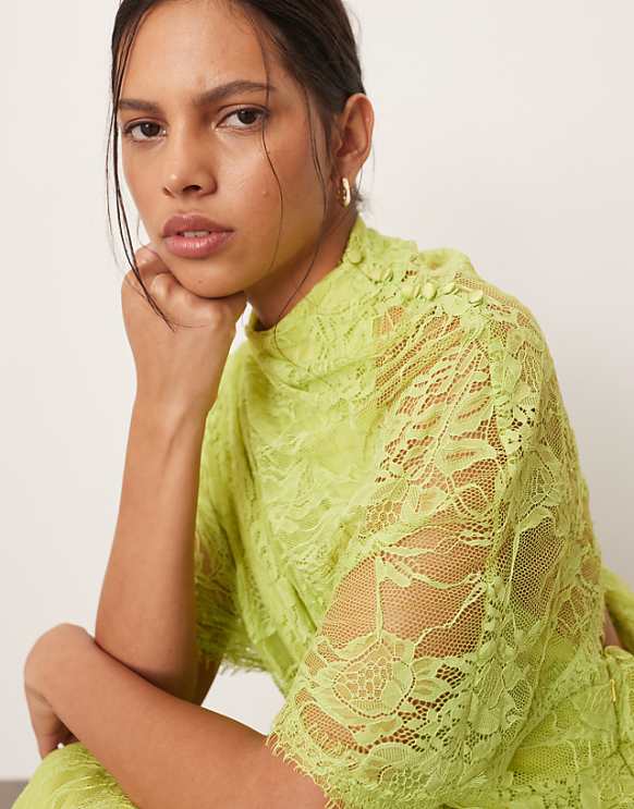 Asos ARRANGE Draped Shoulder Lace Maxi Dress Chartreuse