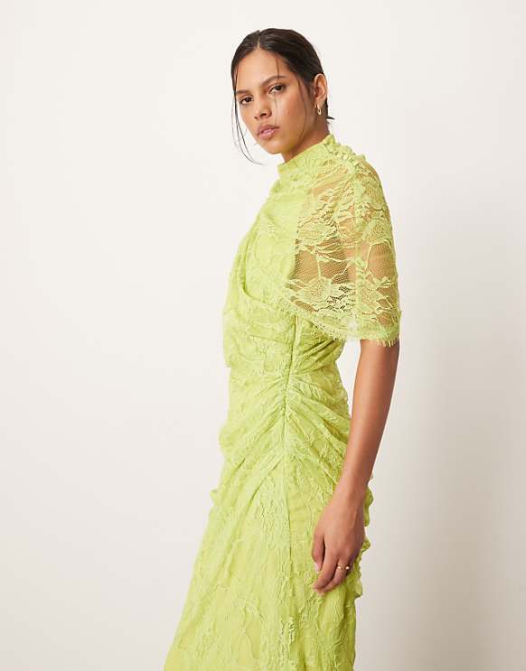 Asos ARRANGE Draped Shoulder Lace Maxi Dress Chartreuse