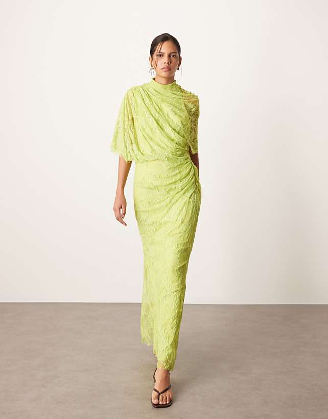 asos ARRANGE draped shoulder lace maxi dress chartreuse
