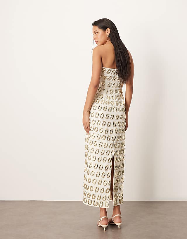 Asos ARRANGE Embellished 3D Gold Detail Bandeau Column Midi Dress In Cream