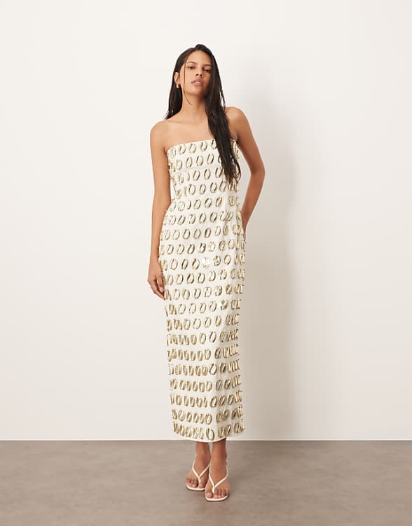 asos ARRANGE embellished 3D gold detail bandeau column midi dress in cream