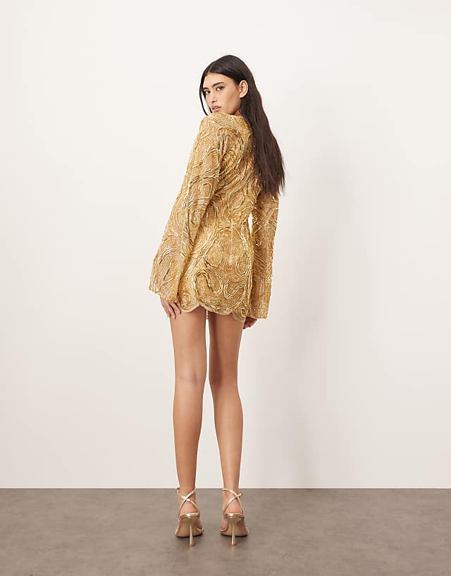 Asos ARRANGE Embellished Contour Bead Wide Sleeve Mini Dress In Gold