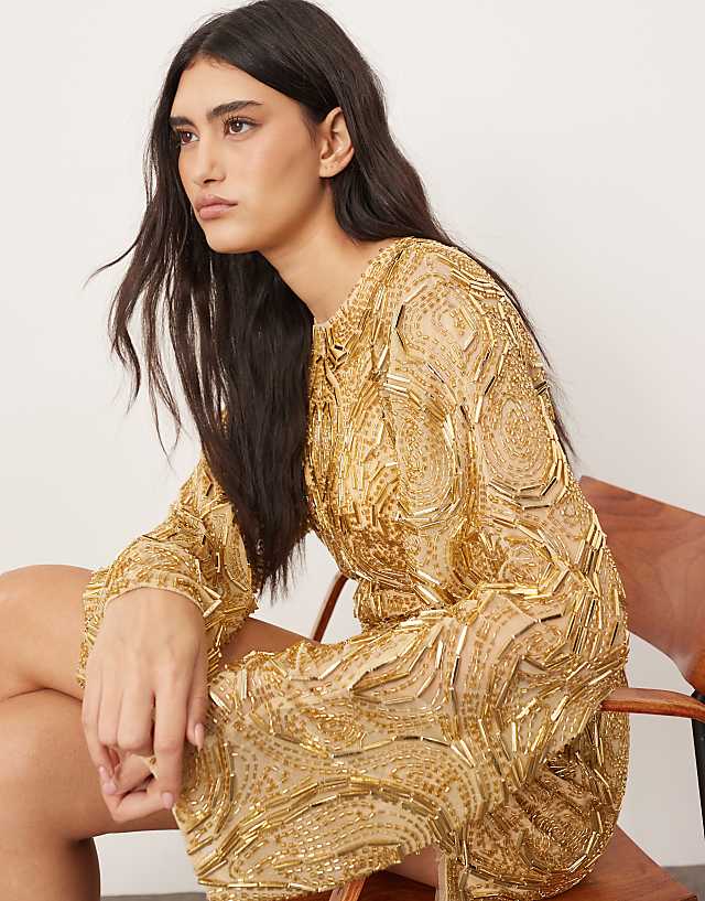 Asos ARRANGE Embellished Contour Bead Wide Sleeve Mini Dress In Gold