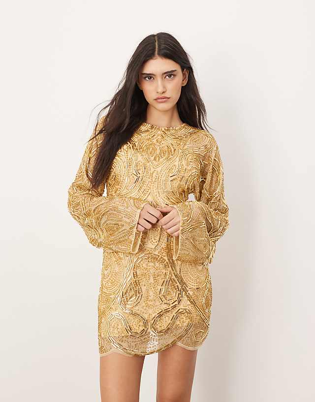 Asos ARRANGE Embellished Contour Bead Wide Sleeve Mini Dress In Gold