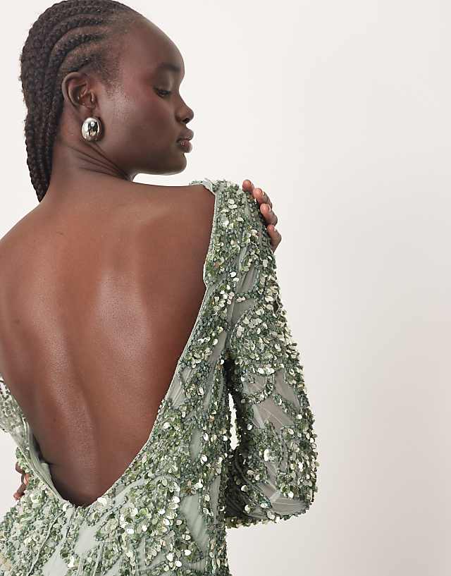Asos ARRANGE Embellished Floral Cutwork Open Back Mini Dress In Green