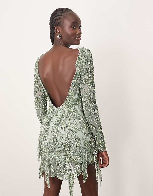 Asos ARRANGE Embellished Floral Cutwork Open Back Mini Dress In Green
