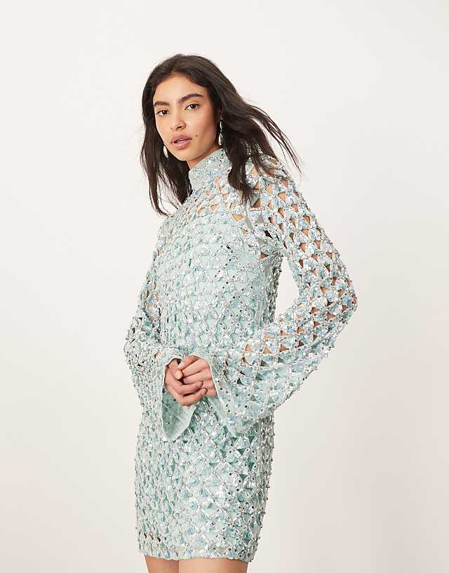 Asos ARRANGE Embellished Geo Cut Work Long Sleeve Mini Dress In Light Blue