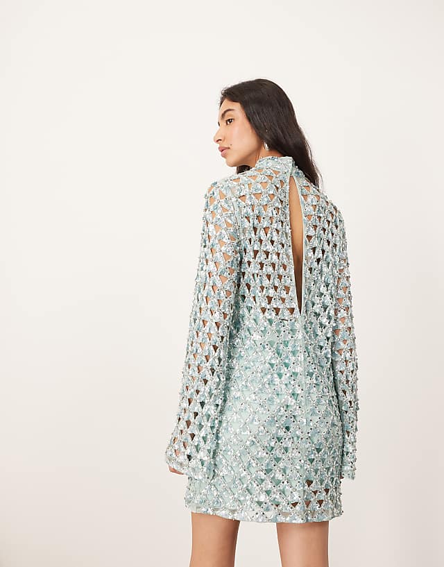 Asos ARRANGE Embellished Geo Cut Work Long Sleeve Mini Dress In Light Blue