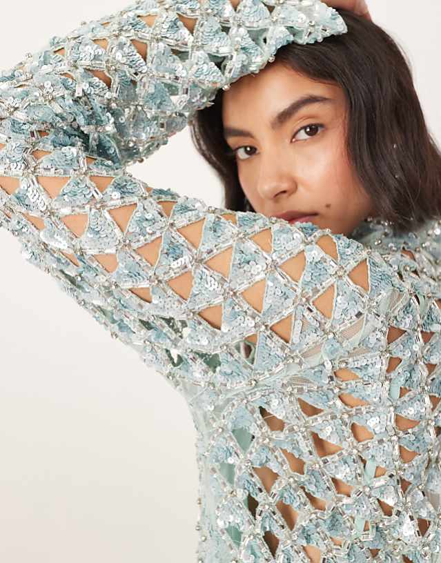 Asos ARRANGE Embellished Geo Cut Work Long Sleeve Mini Dress In Light Blue