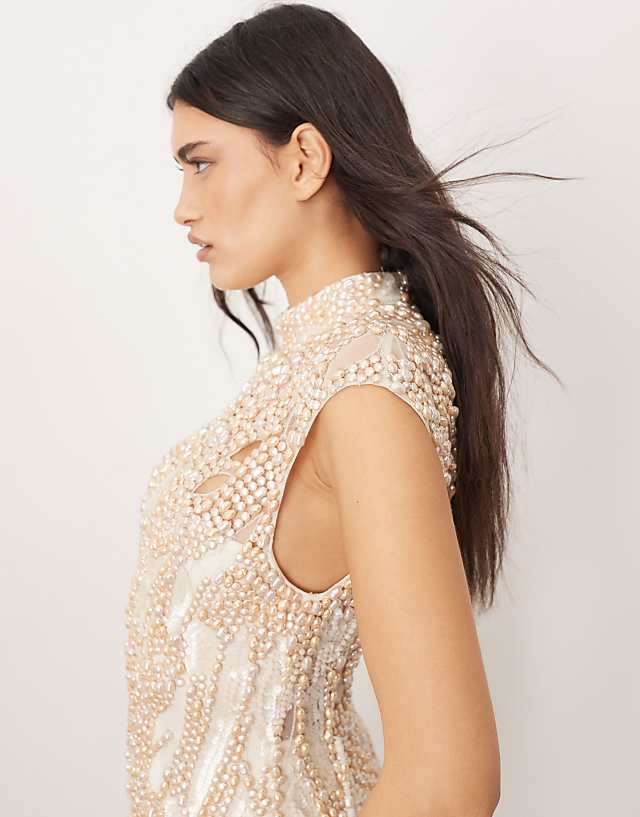 Asos ARRANGE Embellished High Neck Cap Sleeve Pearl Fringe Mini Dress In White