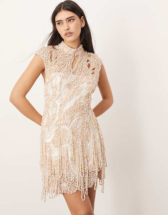 asos ARRANGE embellished high neck cap sleeve pearl fringe mini dress in white