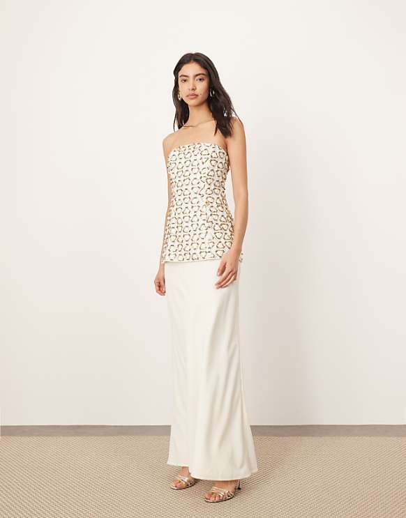 Asos ARRANGE Geo Embellished Hybrid Bandeau Maxi Dress In Ivory And Gold