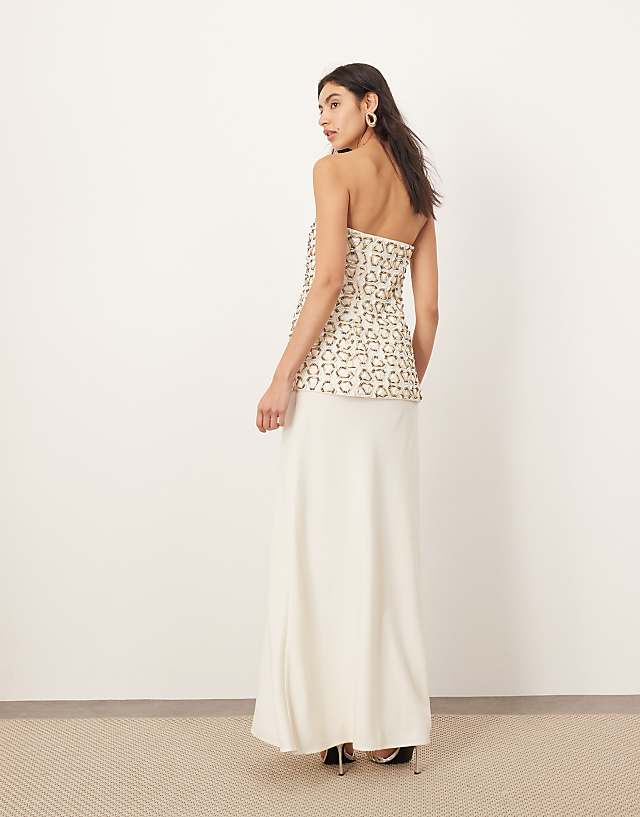 Asos ARRANGE Geo Embellished Hybrid Bandeau Maxi Dress In Ivory And Gold