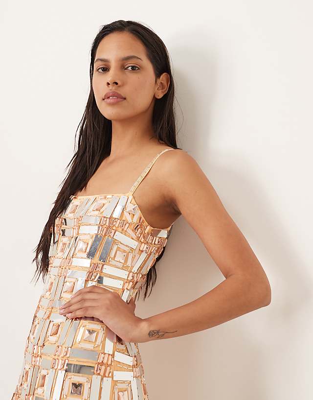 Asos ARRANGE Geo Grid Embellished Cami Column Midi Dress In Orange