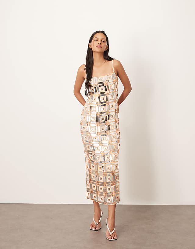 asos ARRANGE geo grid embellished cami column midi dress in orange