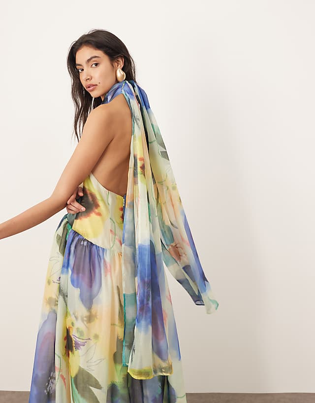 Asos ARRANGE Halterneck Maxi Dress With Tie Neck Detail In Oversized Floral Print