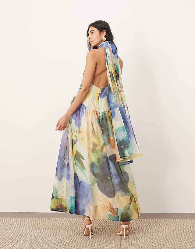 Asos ARRANGE Halterneck Maxi Dress With Tie Neck Detail In Oversized Floral Print