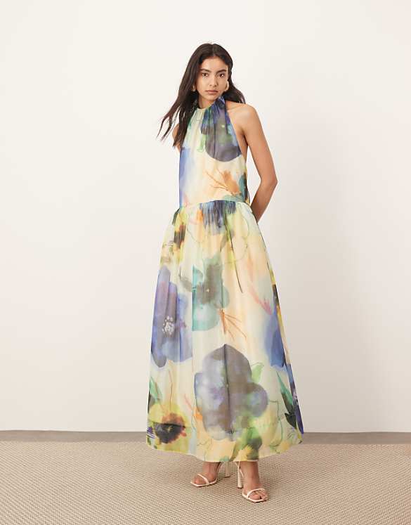 asos ARRANGE halterneck maxi dress with tie neck detail in oversized floral print