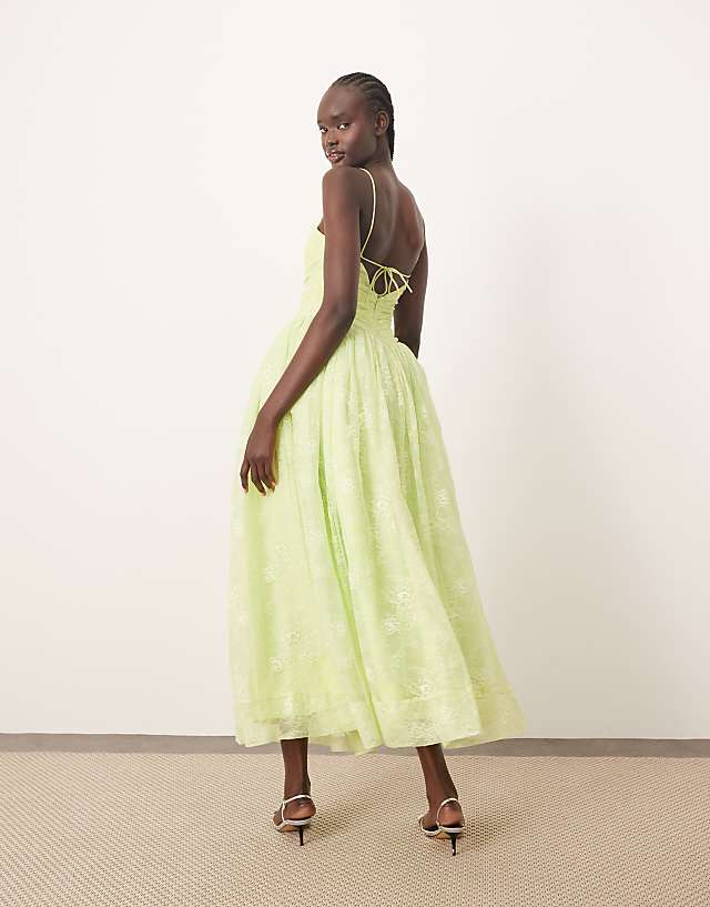 Asos ARRANGE Lace Corset Detail Midi Dress With Full Skirt In Apple Green