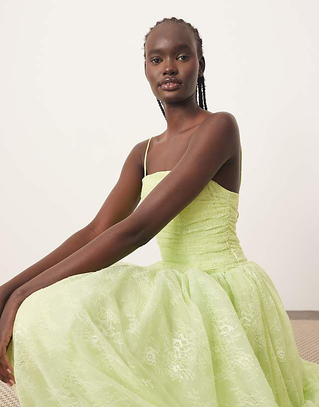 Asos ARRANGE Lace Corset Detail Midi Dress With Full Skirt In Apple Green