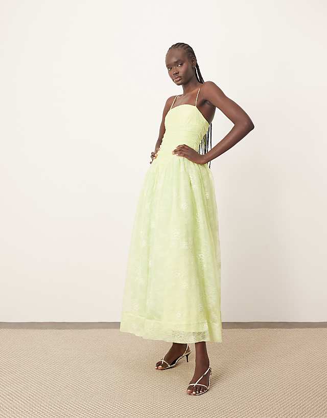 asos ARRANGE lace corset detail midi dress with full skirt in apple green