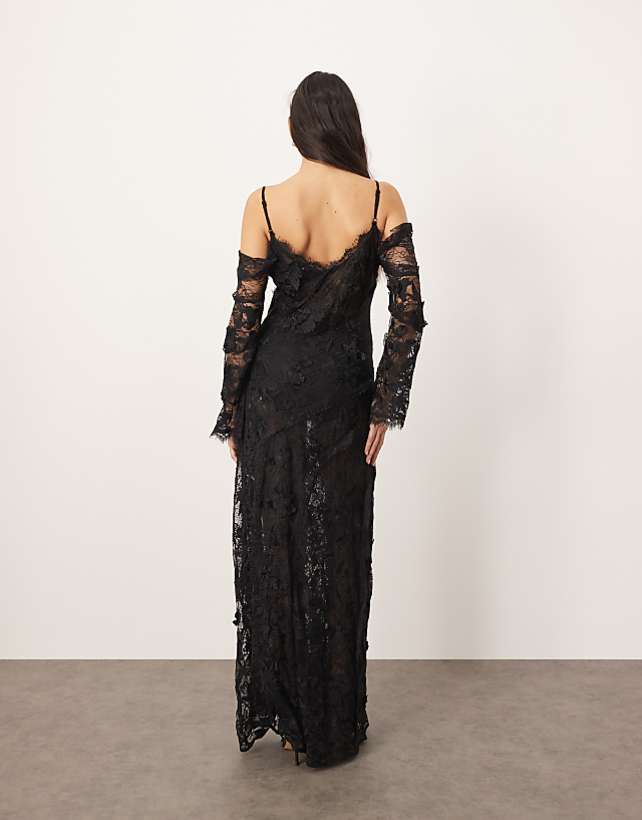 Asos ARRANGE Lace Embroidered Cold Shoulder Maxi Dress With Split In Black