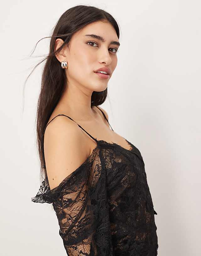 Asos ARRANGE Lace Embroidered Cold Shoulder Maxi Dress With Split In Black