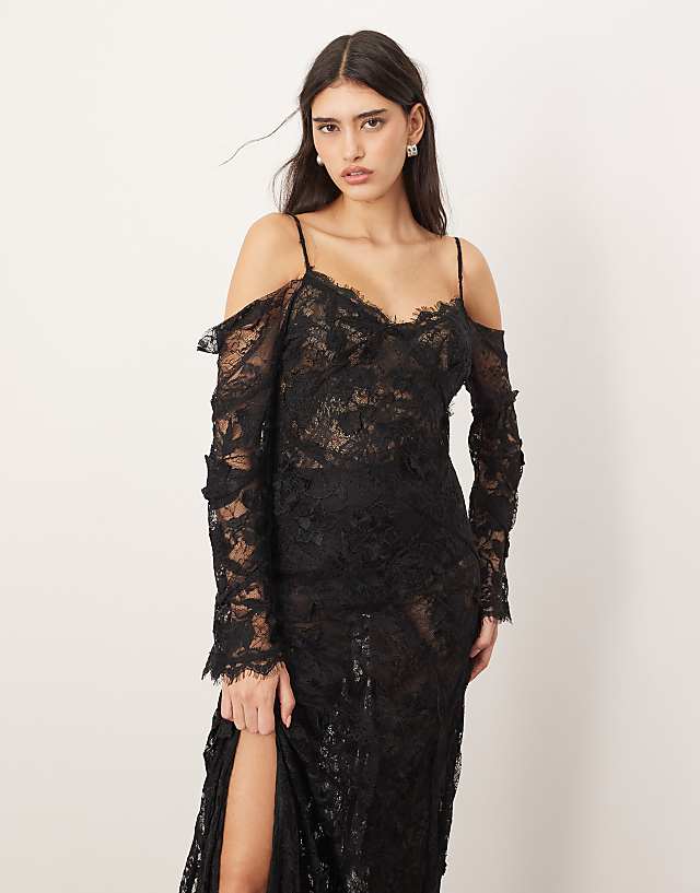 Asos ARRANGE Lace Embroidered Cold Shoulder Maxi Dress With Split In Black