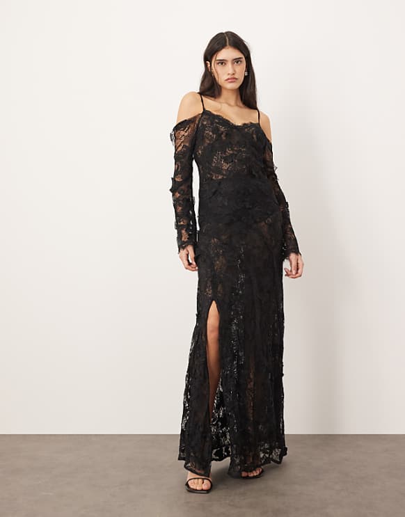 asos ARRANGE lace embroidered cold shoulder maxi dress with split in black