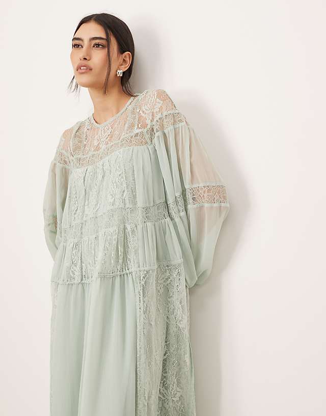 Asos ARRANGE Lace Insert Drop Waist Blouson Sleeve Trapeze Maxi Dress In Light Blue