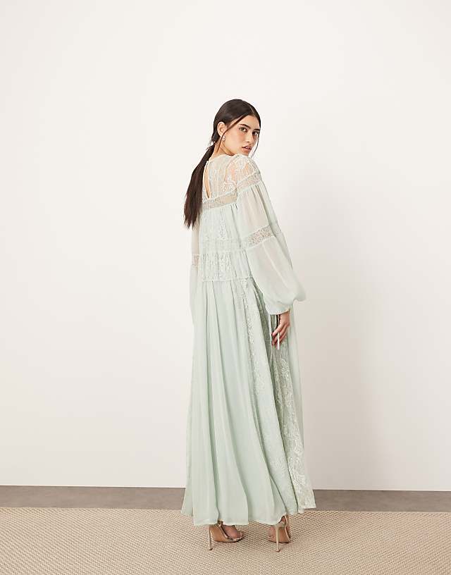 Asos ARRANGE Lace Insert Drop Waist Blouson Sleeve Trapeze Maxi Dress In Light Blue