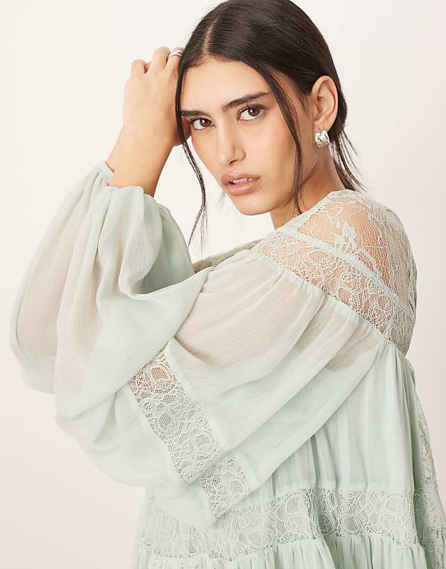 Asos ARRANGE Lace Insert Drop Waist Blouson Sleeve Trapeze Maxi Dress In Light Blue