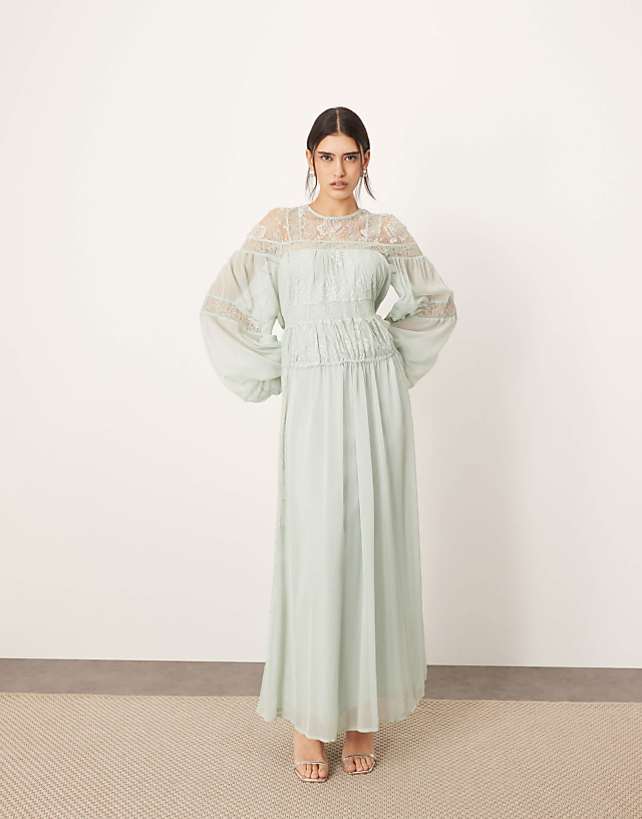 asos ARRANGE lace insert drop waist blouson sleeve trapeze maxi dress in light blue