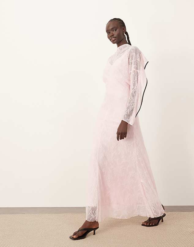 Asos ARRANGE Lace Long Sleeve Maxi Dress With Frill Framed Back And Tipping In Pink