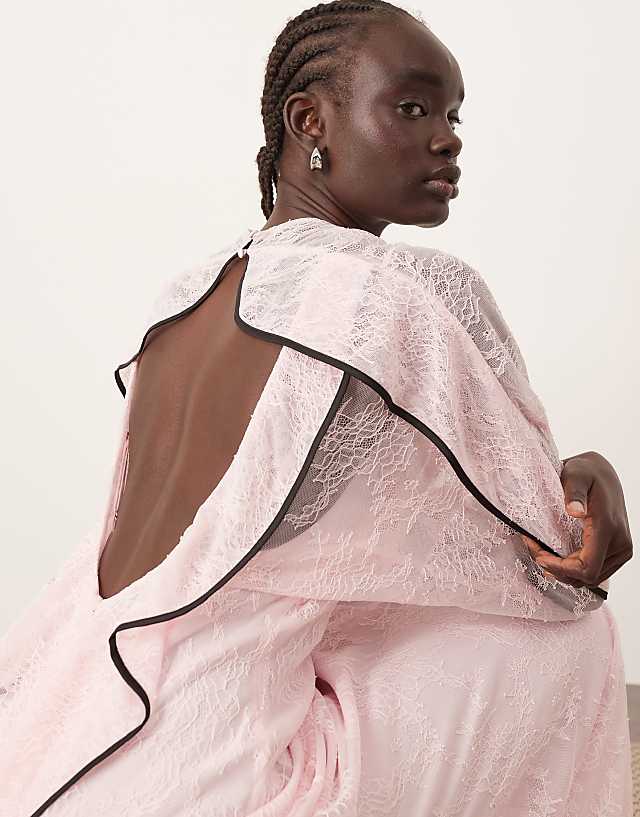 Asos ARRANGE Lace Long Sleeve Maxi Dress With Frill Framed Back And Tipping In Pink