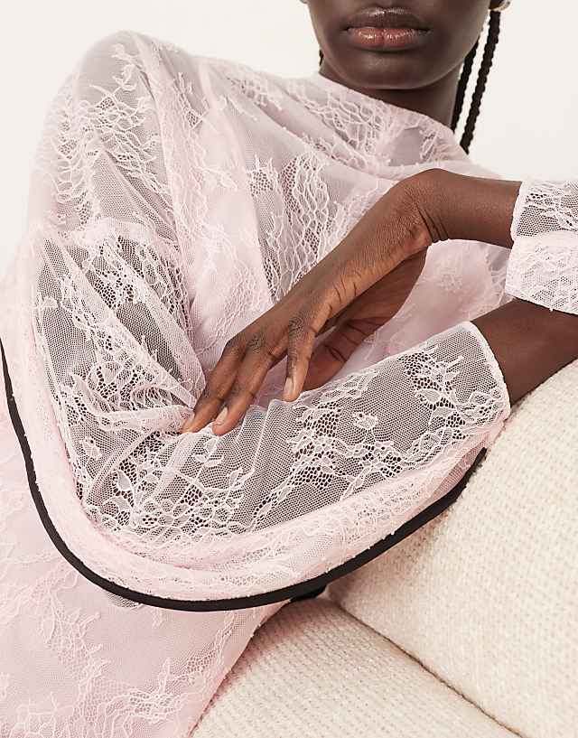 Asos ARRANGE Lace Long Sleeve Maxi Dress With Frill Framed Back And Tipping In Pink