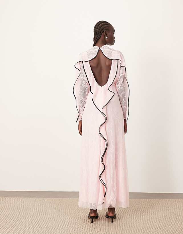 asos ARRANGE lace long sleeve maxi dress with frill framed back and tipping in pink