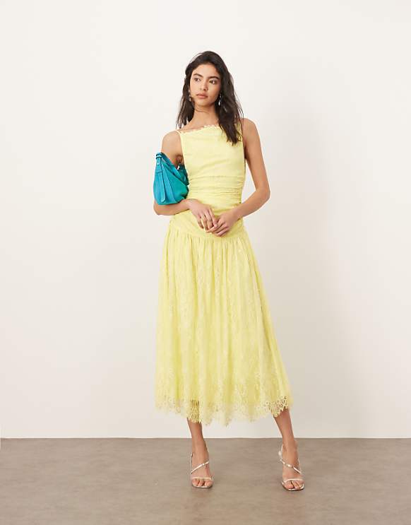 Asos ARRANGE Lace Ruched Dropped Waist Midi Dress In Lemon