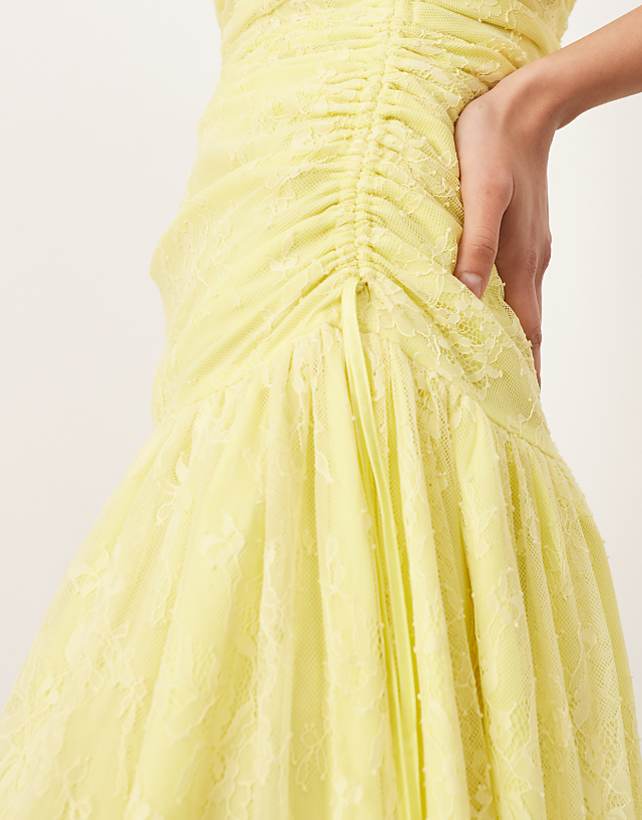 Asos ARRANGE Lace Ruched Dropped Waist Midi Dress In Lemon