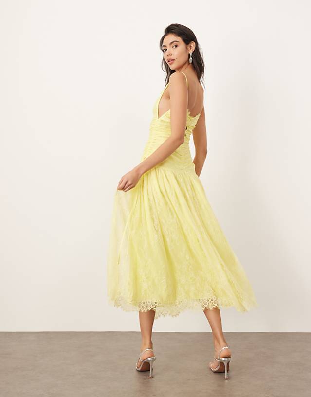 Asos ARRANGE Lace Ruched Dropped Waist Midi Dress In Lemon