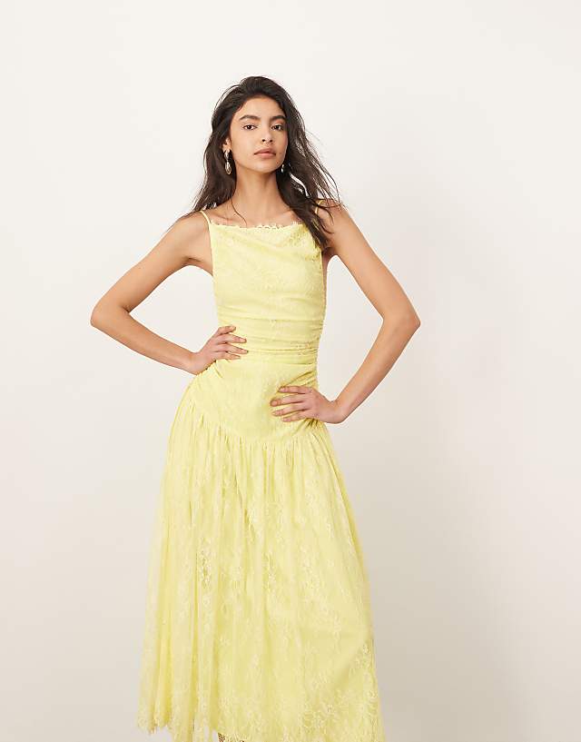 asos ARRANGE lace ruched dropped waist midi dress in lemon