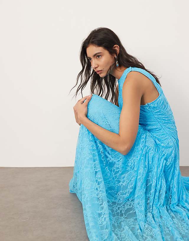 Asos ARRANGE Lace Ruched Panel Dropped Waist Maxi Dress In Sky Blue