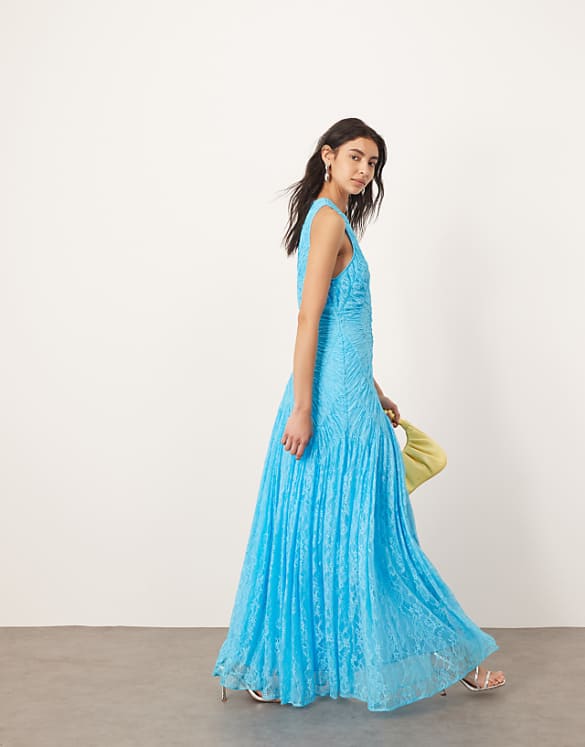 asos ARRANGE lace ruched panel dropped waist maxi dress in sky blue