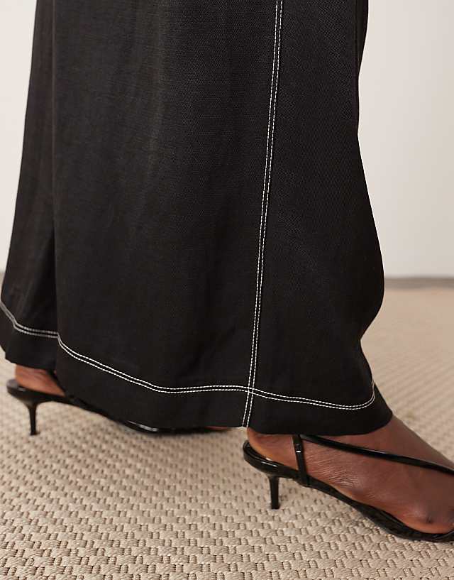 Asos ARRANGE Linen Super Wide Trouser With Contrast Stitch In Black