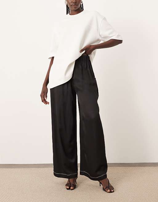 Asos ARRANGE Linen Super Wide Trouser With Contrast Stitch In Black