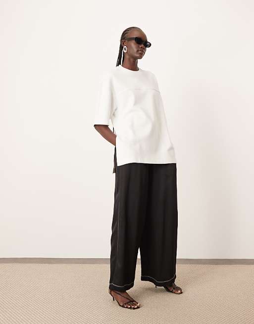 asos ARRANGE linen super wide trouser with contrast stitch in black