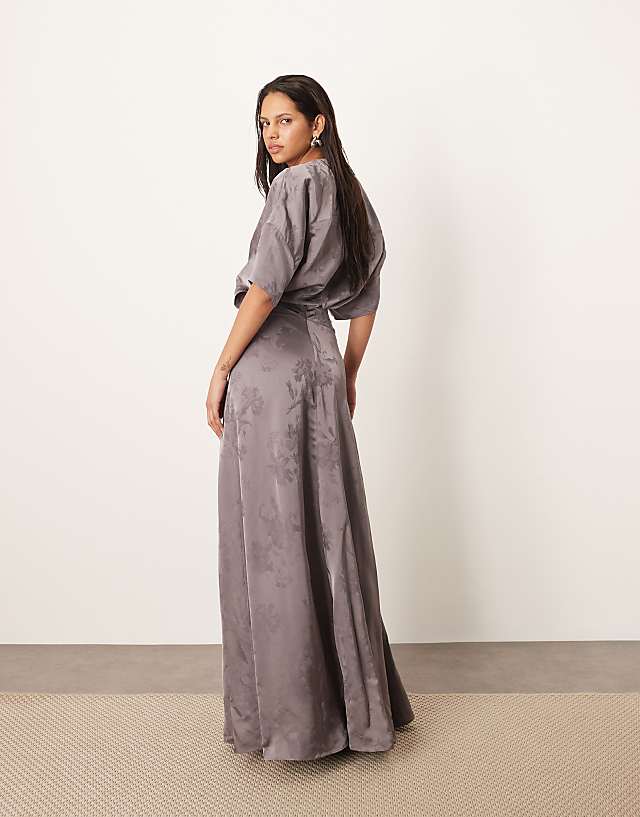 Asos ARRANGE Modern 30's Maxi Satin Jacquard Dress With Shoulder Pad In Charcoal