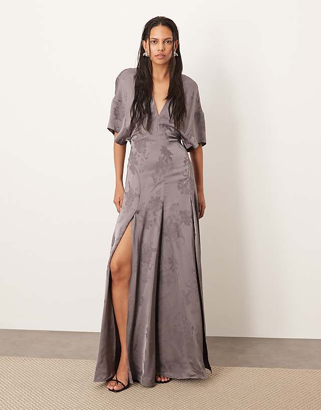 Asos ARRANGE Modern 30's Maxi Satin Jacquard Dress With Shoulder Pad In Charcoal
