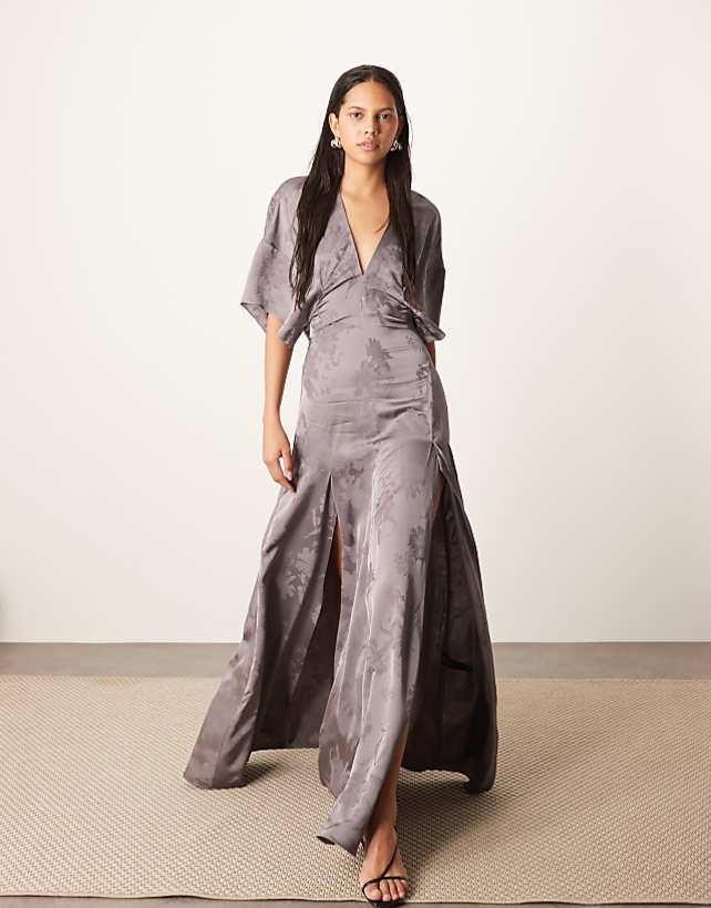 asos ARRANGE modern 30's maxi satin jacquard dress with shoulder pad in charcoal