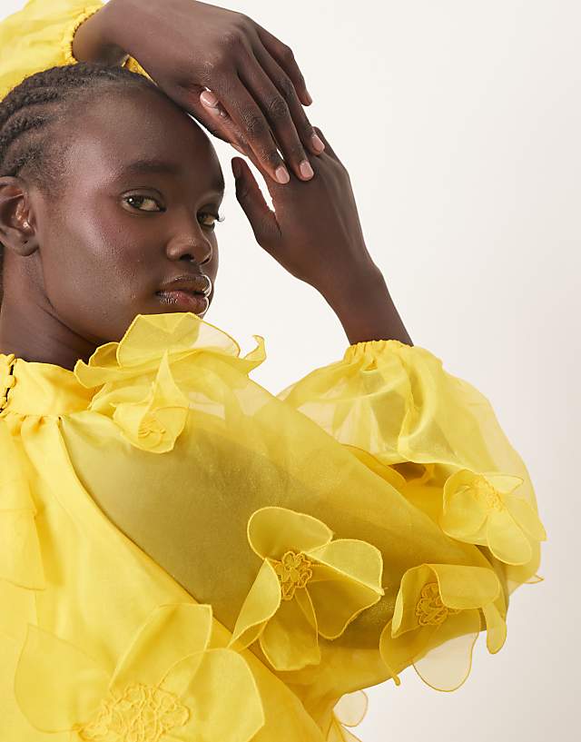 Asos ARRANGE Organza Applique Floral High Neck Trapeze Mini Dress In Yellow